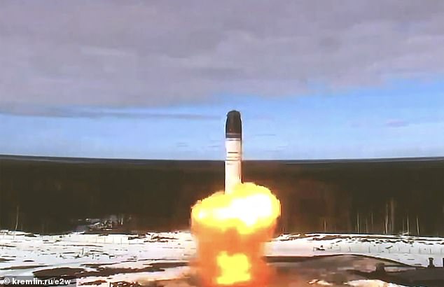 Russian test launch of a Sarmat nuclear capable intercontinental ballistic missile (ICBM) is pictured)