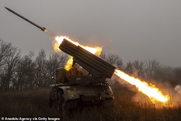 a view of the "Graduate" artillery battery while firing, in Donetsk Oblast, Ukraine, on Sunday