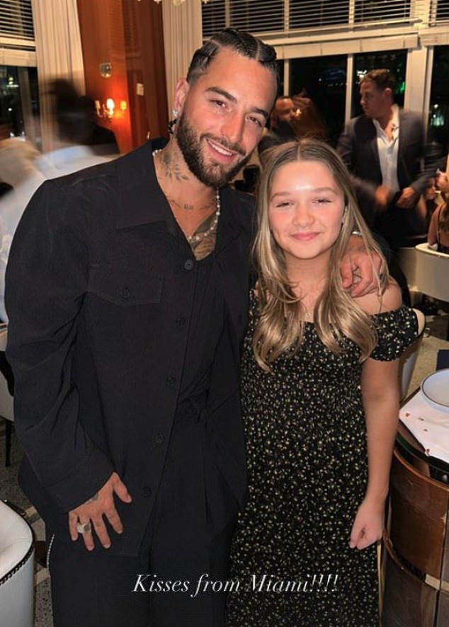 Fiesta: Victoria took to her Instagram Stories to share snapshots of the celebrations (Harper pictured with Colombian singer Maluma)