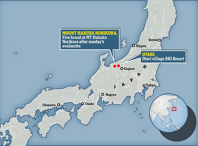 Two men were found dead among five swept away by an avalanche on the eastern slopes of Mount Habuka Norikura in central Japan.