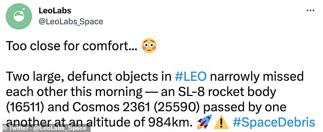 Warning: Satellite monitoring and collision detection firm LeoLabs spotted the near-miss and said it was 'too close for comfort'