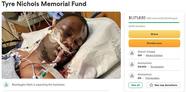 Tire's mother, RowVaughn Wells, posted a GoFundMe with a touching tribute on Friday, and by Sunday, the figure had passed $1 million.