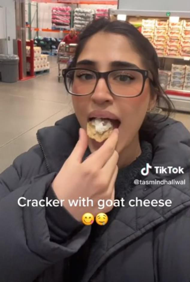 Throughout the minute-long video, she was seen sampling things like pita bread with hummus, toast with blackberry jam, some cheese cubes, and crackers with goat cheese.