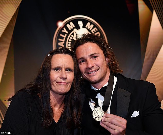 Julie Hynes, who has pleaded not guilty to one charge of knowingly participating in the supply of a prohibited drug, is pictured with her son Nicho at last year's Dally M Awards ceremony.