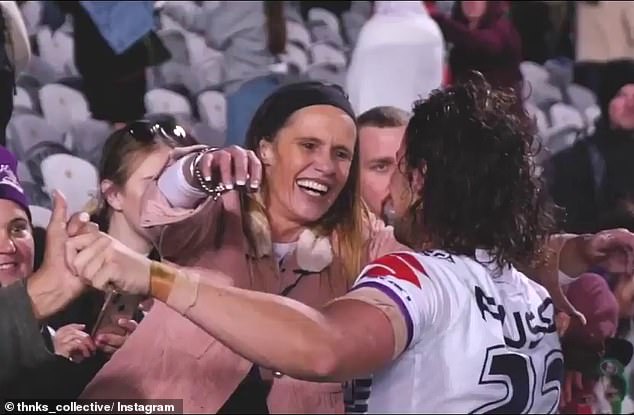 Nicho Hynes, the NRL Player of the Year for 2022, joined the Sharks last season after making his NRL debut for the Melbourne Storm in front of his family, including his mother Julie, in 2019 (above).