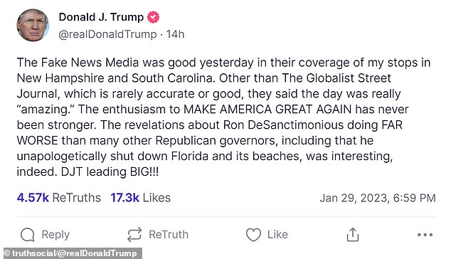 In the first of his two Truth Social posts, Trump accused the Florida governor of shutting down his state during the pandemic.