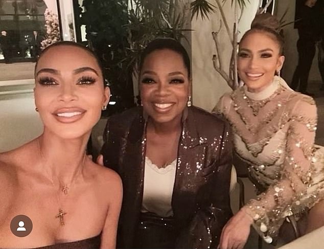 Didn't make the cut: Taking to her Instagram Stories the reality star 42 (left) smiled for the camera alongside Oprah Winfrey (center) but was forced to cut singer Jennifer (right) due to the format in size of the social media platform.