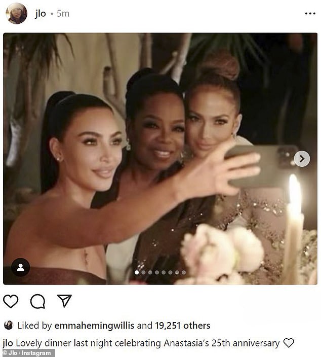 Awkward: Kim posted the snap, wishing Oprah a happy 69th birthday, just two hours after J-Lo shared the raw version with her 233 million followers