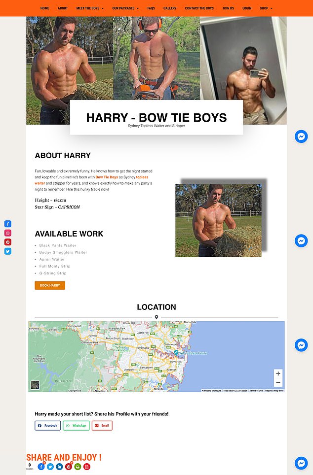 The 32-year-old NSW-based builder works as a topless waiter and provides full nudity for Bow Tie Boys, an adult entertainment company that provides male performers for events like bachelorette parties and birthday parties.