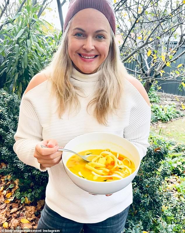 Another post showed Ms. Brumfitt dressed in a beanie and sweater while holding a bowl full of San Remo sauce and pasta.