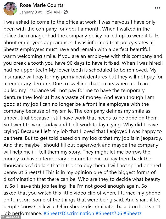 Counts shared his despair at unfairly losing his job on his Facebook page.