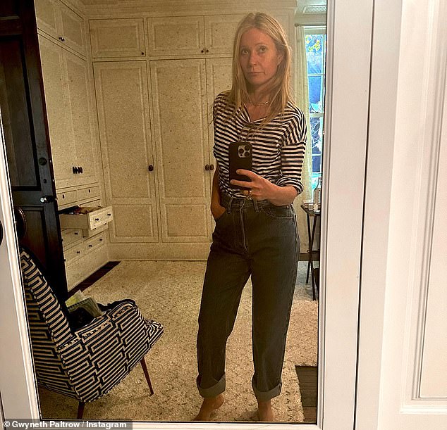 Selfie time: The last selfie in the photo series featured Gwyneth wearing high-waisted jeans and a striped sweater for a more casual look.