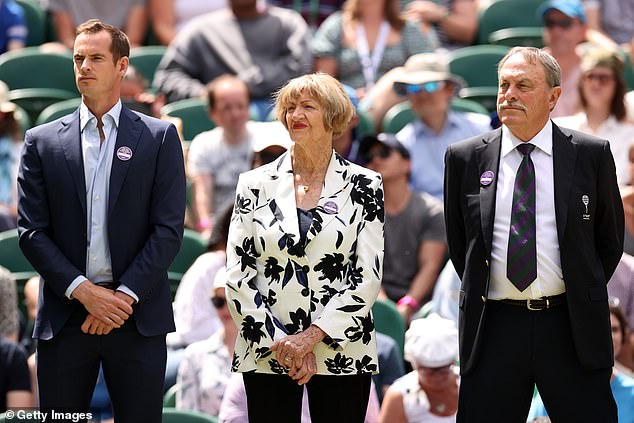 While Court hasn't appeared at the Australian Open since 2020, she was a special guest at Wimbledon in 2022 (pictured with British champion Andy Murray and John Newcombe)