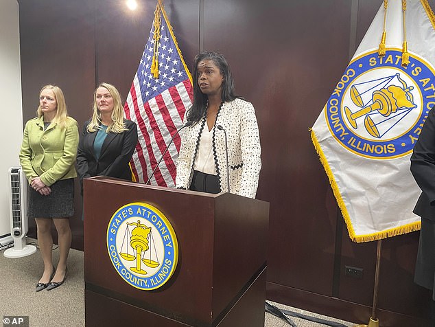 Kim Foxx, the Cook County State's Attorney, is seen Monday announcing that the charges have been dropped.