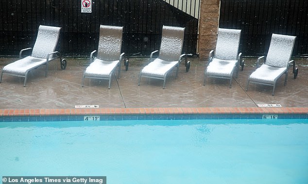 Snow covered poolside loungers at the Holiday Inn Express in Lebec on Monday