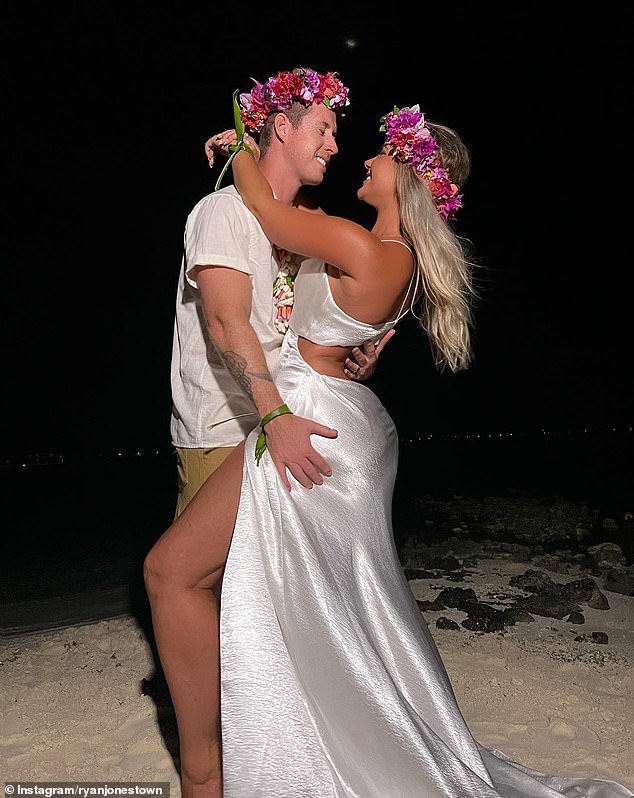 Karina is a newlywed after exchanging vows with Ryan Jones during an idyllic island wedding on a Bora Bora beach late last year.  both in the photo