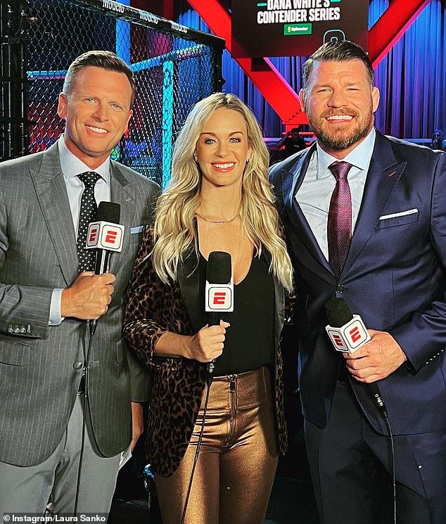 Sanko (pictured with Dan Hellie and Michael Bisping) has long hoped to join the broadcast team next to the Octagon, and UFC boss Dana White is excited for him to make his debut.