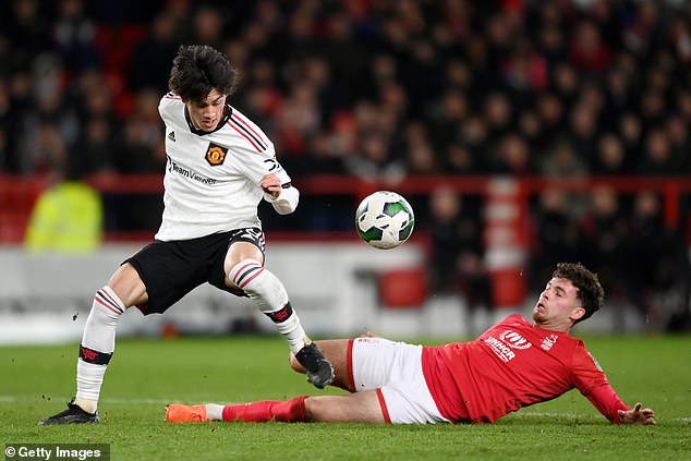 Pellistri (left) has begun to make more regular cameos from the bench in recent weeks for United