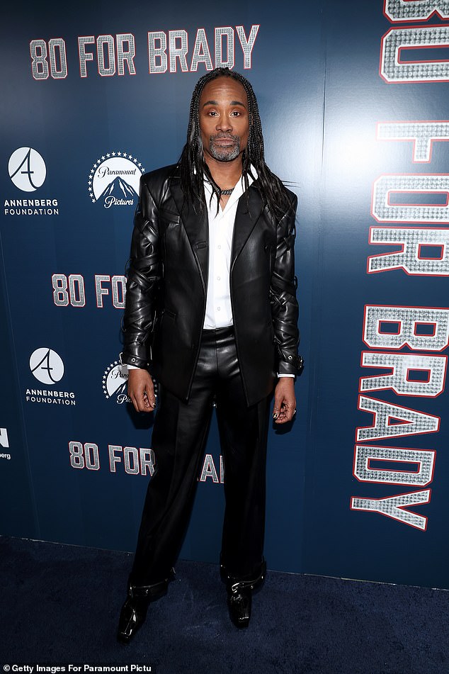 On trend: The Broadway star rocked a trendy black leather jacket and matching leather pants over a white shirt