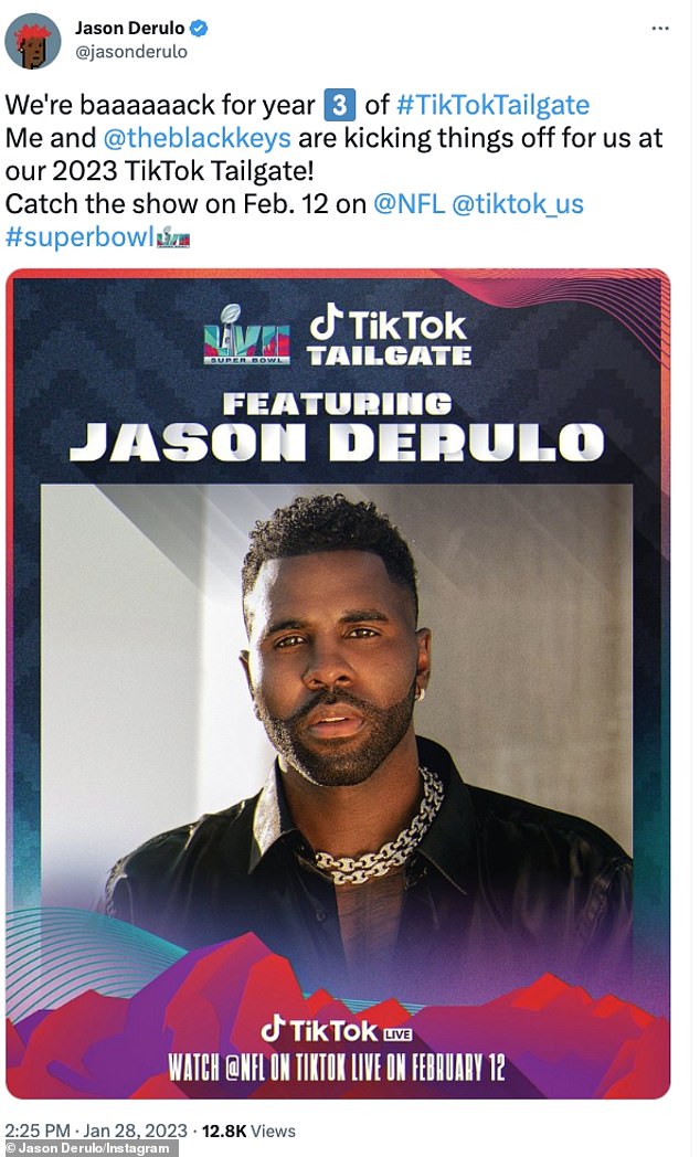 Coming soon: Derulo is expected to perform next weekend after being named along with The Black Keys to headline the NFL TikTok Tailgate, which takes place before the game.