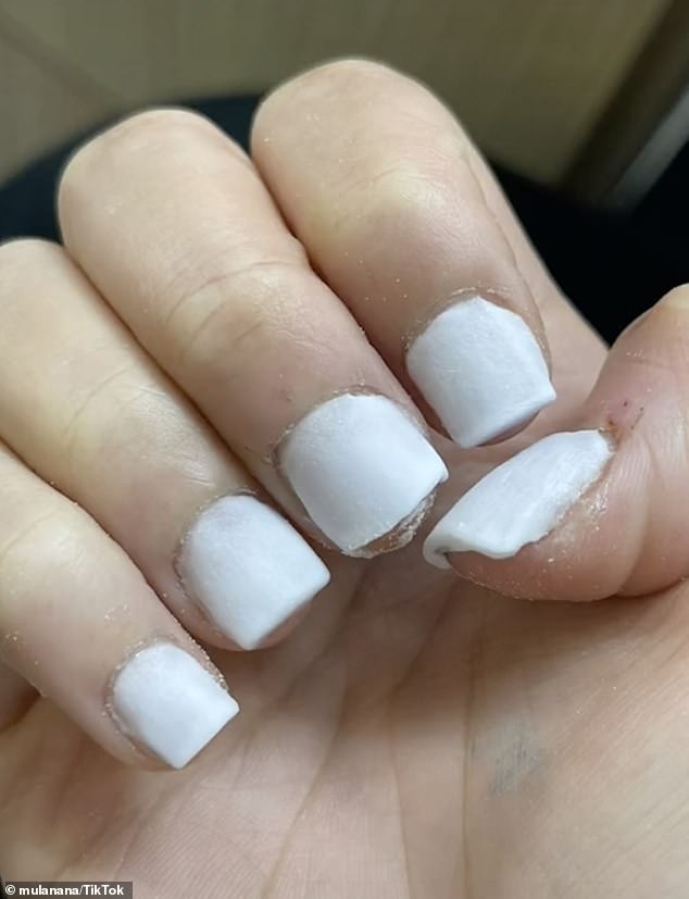Fact: Instead of looking delicate and elegant, her nails were messy and shorter than she wanted.  To make matters worse, the nail polish was not the same shade.  Mulanana was also left with bits of dried nail polish on her cuticles.