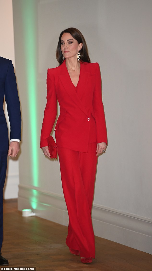 Kate, who was accompanied by her husband Prince William, looked effortlessly chic in her Studio 54-inspired outfit featuring flared trousers, sky-high heels and chandelier-style earrings.