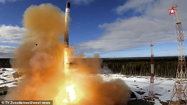 The leaders also expressed concern about Russia's nuclear threats.  Pictured: The launch of the Russian Sarmat ballistic missile in April 2022