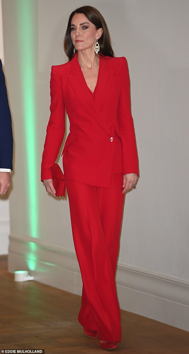 Kate, who was accompanied by her husband Prince William, looked effortlessly chic in her Studio 54-inspired outfit featuring flared trousers, sky-high heels and chandelier-style earrings.