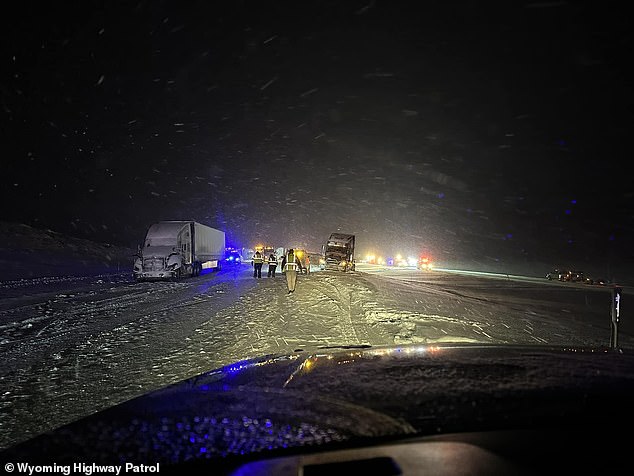 The snowstorm killed one person Sunday when severe weather caused a 40-car pileup on a Wyoming interstate highway, pictured