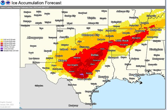 In Texas, ice was a big concern, as freezing temperatures brought slush and icy roads.