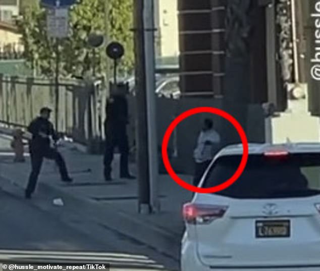 A different view of the incident shows Lowe Jr. on the ground as the third officer arrived.  He was clutching a large 'cleaver', which cops say he threatened to 'throw' at them.