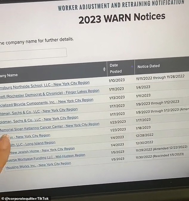 In the video, Gabby opened the WARN notices that were listed on the New York State website and clicked on the Goldman Sachs listing.