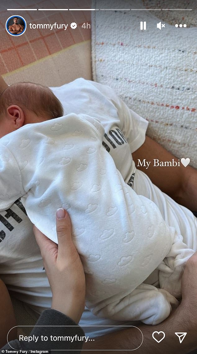 Adorable: A final image showed the girl lying on his chest again, and he captioned it: 'My Bambi', complete with a white love heart to match his all-in-one white cloud