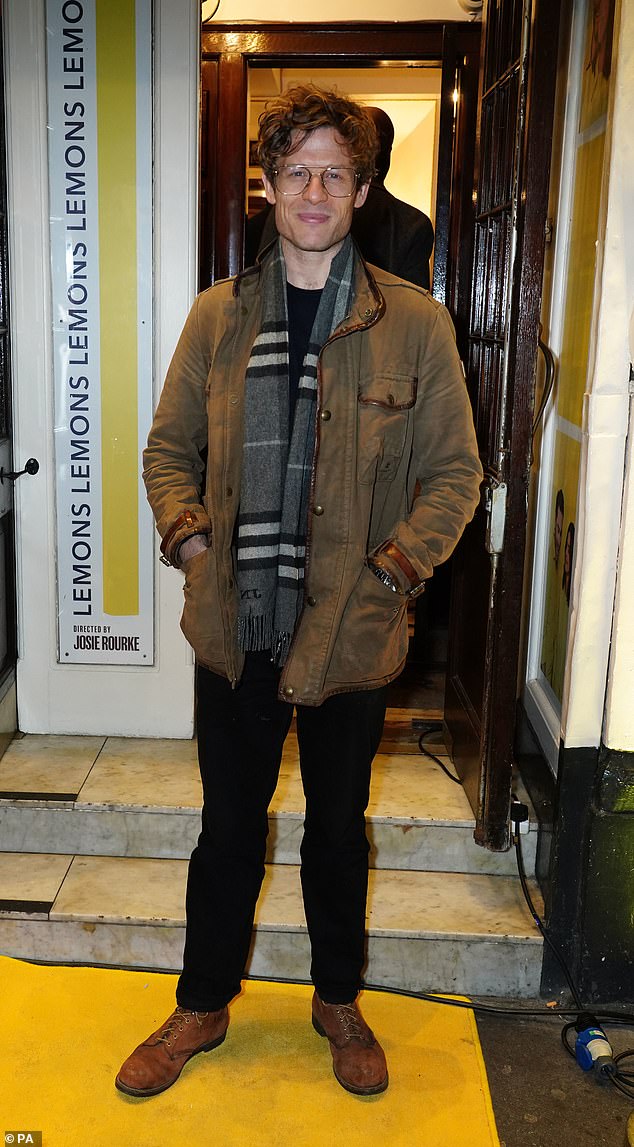 Completing the look: James donned a pair of gold-rimmed glasses before heading to the theater to see the play.