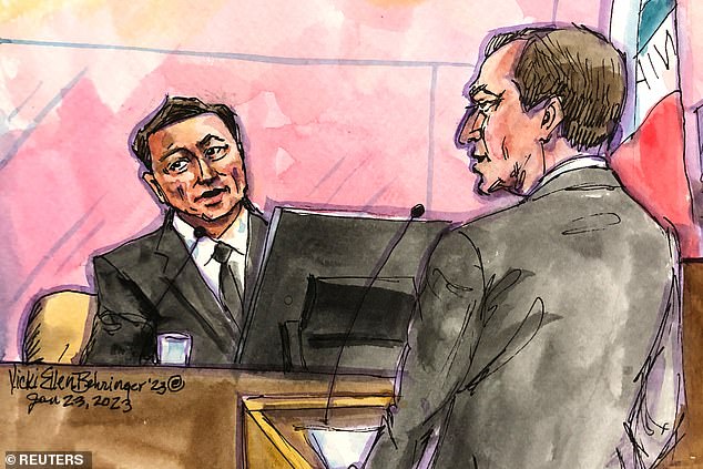 The court sketch captures Elon Musk defending claims he misled investors with a 2018 tweet that claimed Tesla could go private, with shares selling for $420 apiece.