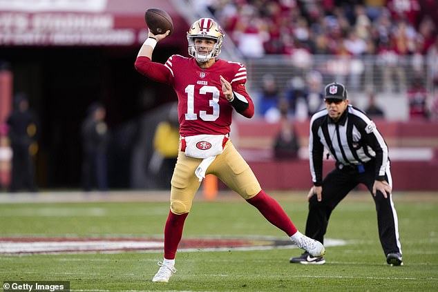 Brock Purdy #13 of the San Francisco 49ers throws a pass against the Dallas Cowboys