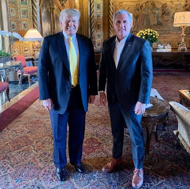 Kevin McCarthy (right), from California, United States, was photographed alongside Donald Trump (left) yesterday after the former president endorsed him to become the next speaker of the House.