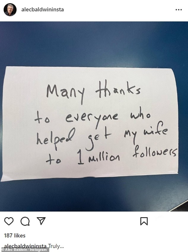 Mission accomplished: Alec Baldwin sent a thank you note on Instagram after reaching his goal of helping his wife, Hilaria Baldwin, reach 1 million followers on Instagram for her birthday.