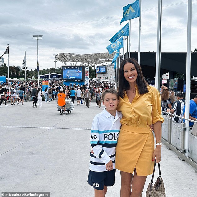 Alex Pike is known for her enviable toned physique and ageless face.  And on Sunday, the cosmetic nurse showed off her youthful looks in an Instagram post as she attended the Australian Open in Melbourne.  In the photo of her with her son