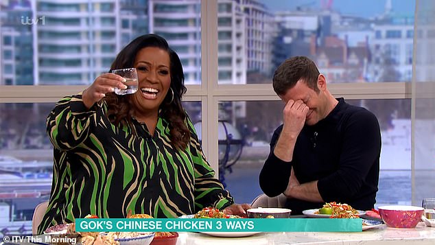 Funny: Alison Hammond, 47, left Dermot O'Leary, 49, and Gok Wan, 48, hysterical during Friday's episode of This Morning when she had to have her primary tooth removed.