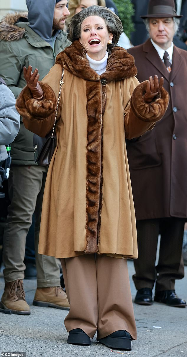 Unrecognizable: A glamorous movie star hid her good looks as she filmed on the streets of New York City on Tuesday  The blonde star wore a large gray wig with oversized period clothing and large earrings as she was seen in character.