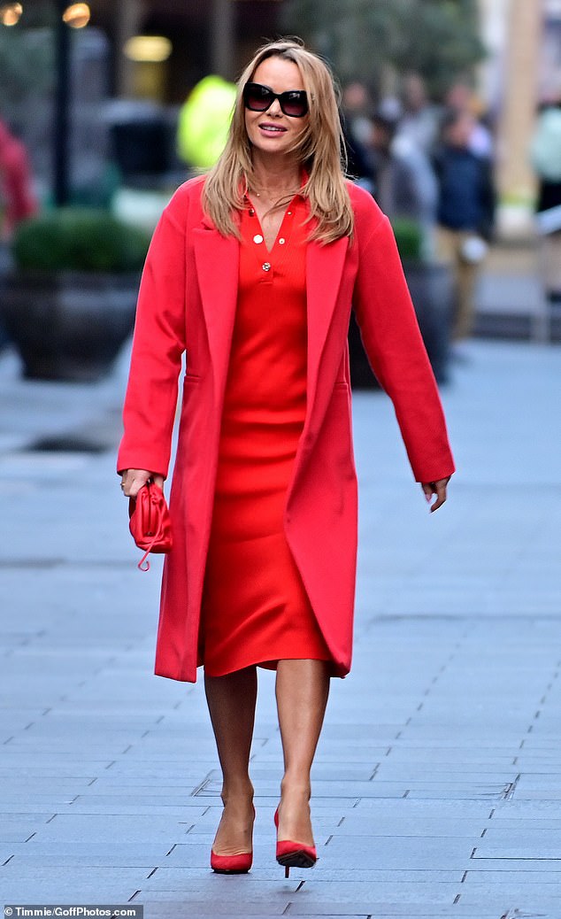 Lady in Red!  Amanda Holden, 51, turned heads as she left Heart FM dressed from head to toe in scarlet for a daring Monday morning look.