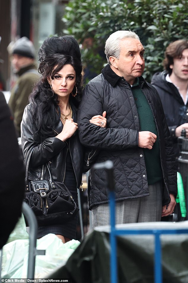 Action: British actors Marisa Abela and Eddie Marsan were seen filming the Amy Winehouse biopic Back To Black in London on Monday, as the singer and her father Mitch.