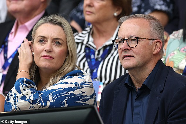 Prime Minister Anthony Albanese in tennis with his partner Jodie Haydon in the men's singles final on Sunday.