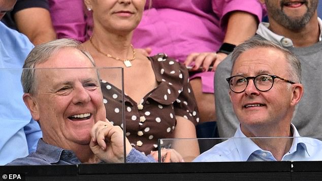 Prime Minister Anthony Albanese (pictured right) and former Liberal Treasurer Peter Costello were seen sitting together at the Australian Open on Saturday night.