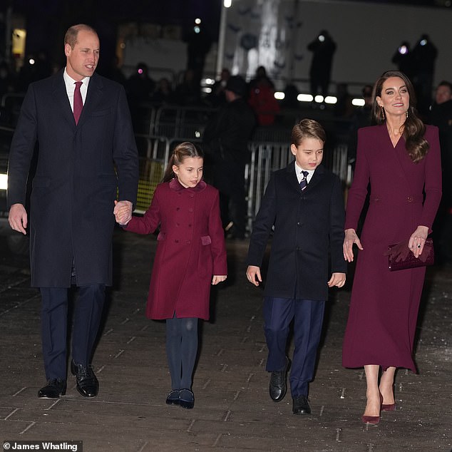 The Prince and Princess of Wales arrived at Kate's Christmas carol service at Westminster Abbey in matching burgundy outfits after the second installment of the Duke and Duchess of Sussex's Netflix series.