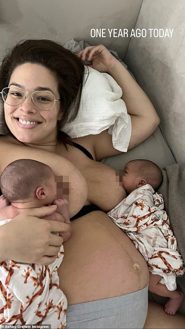 A trip down breast lane: Ashley Graham, 35, took a trip down memory lane on Saturday when she posted a couple of breastfeeding photos on Instagram to celebrate the birthdays of her twins Roman and Malachi.  A bespectacled Ashley is smiling for the camera in the first image of her lounging on the couch with both newborns swaddled on either side of her.