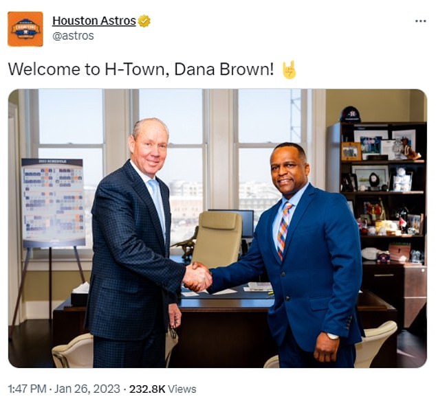 Veteran MLB scout Dana Brown (right) will take over the Astros' baseball operations, replacing James Clink, who was hired in 2020 following the Houston sign-stealing scandal that resulted in the firing of Jeff Luhnow and manager AJ Hinch.  