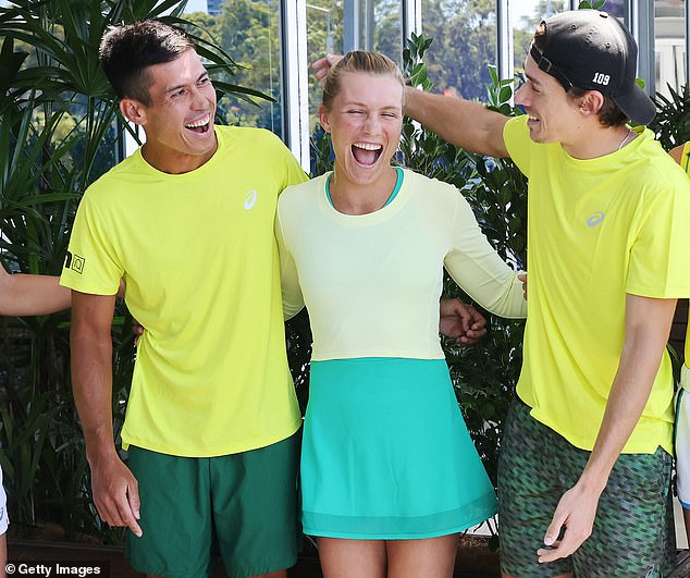 Kubler (left) and Inglis (centre) have a laugh with fellow Australian star Alex De Minaur (right) before the United Cup tournament in Sydney.