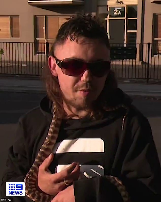 Jake Ellul-Kerr (pictured) was interviewed about his partner being shot, but viewers were more focused on the snake around his neck.